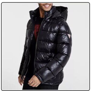 Guess Puffer Coat Men's Glossy Black Removable Hood Size Medium